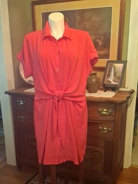 Tie-Front Bright Pink Midi Shirt Dress